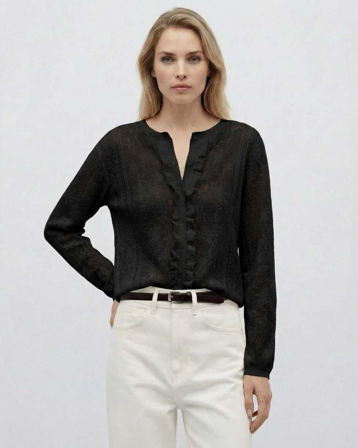 Noiré Blouse by Lauven, women’s elegant black long sleeve jacquard knit blouse with button front detail.