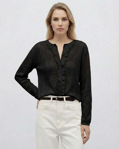 Noiré Blouse by Lauven, women’s elegant black long sleeve jacquard knit blouse with button front detail.