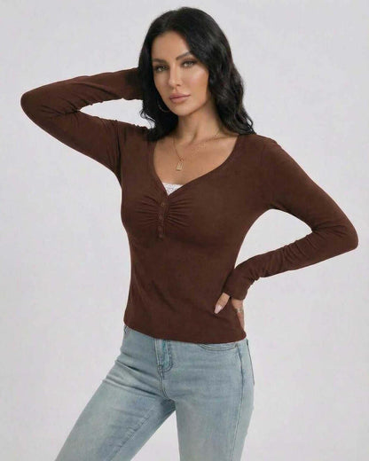 Mocha Pullover by Lauven – Women’s Slim Fit V-Neck Long Sleeve Sweater with Button Detail