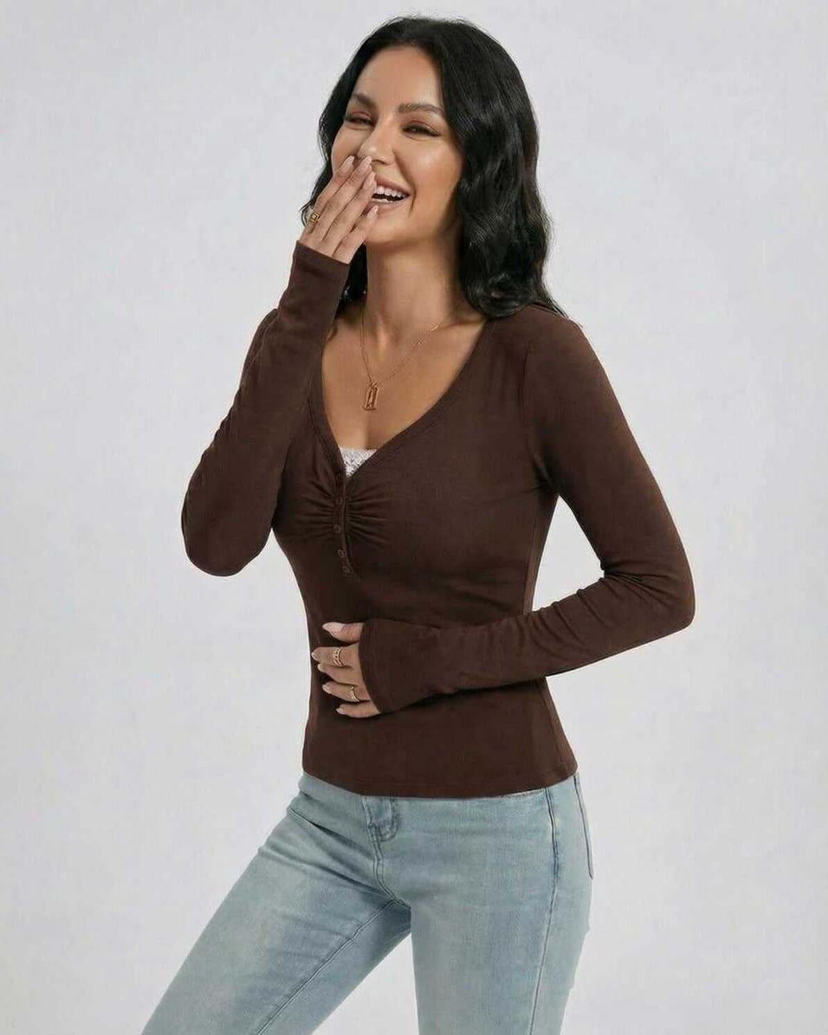 Mocha Pullover by Lauven – Women's slim fit V-neck long sleeve pullover with button detail and stylish design.
