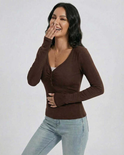 Mocha Pullover by Lauven – Women's slim fit V-neck long sleeve pullover with button detail and stylish design.