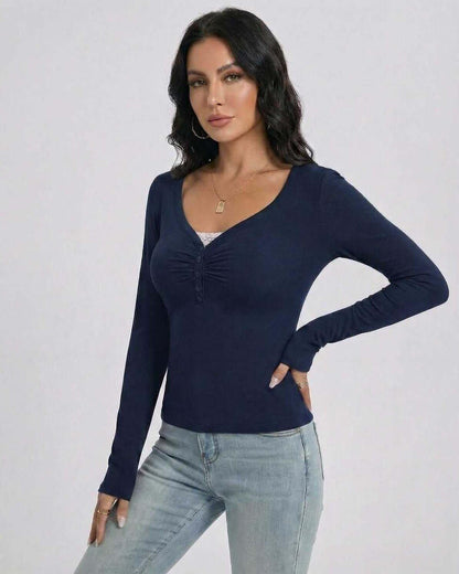 Monaco Pullover by Lauven, Women's Slim Fit V-Neck Long Sleeve Sweater with Button Detail and Ruching