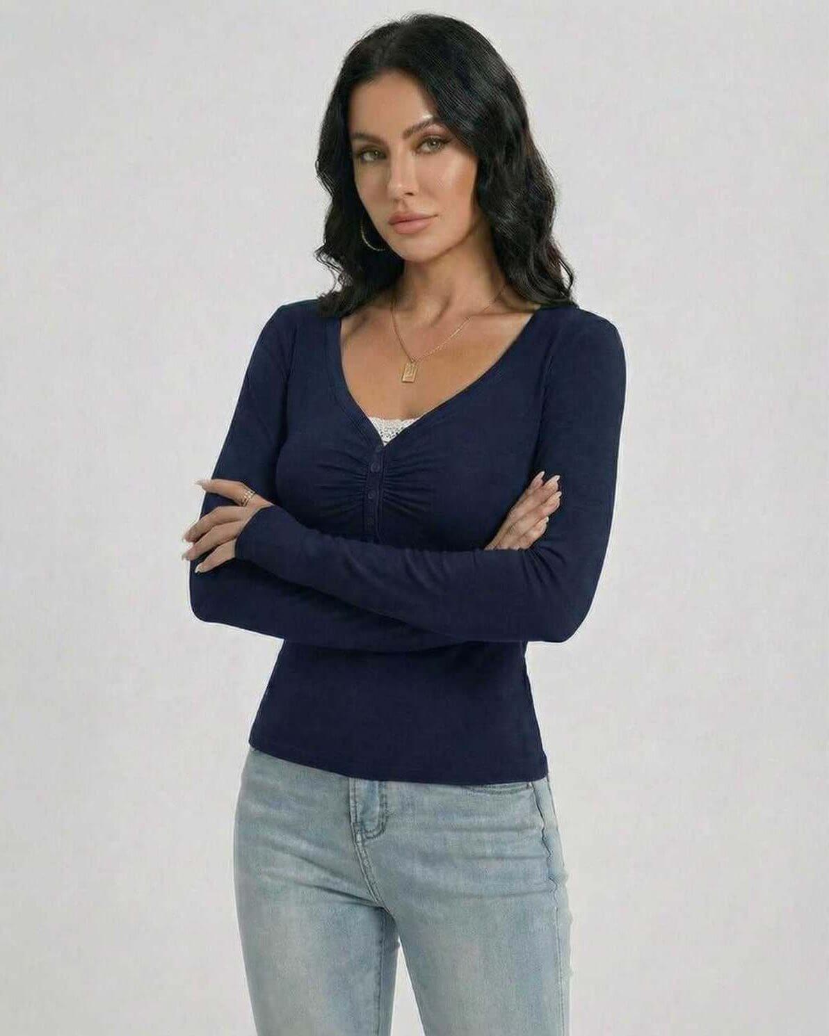 Monaco Pullover by Lauven, women's slim fit V-neck long sleeve sweater with button detail and ruching at bodice.
