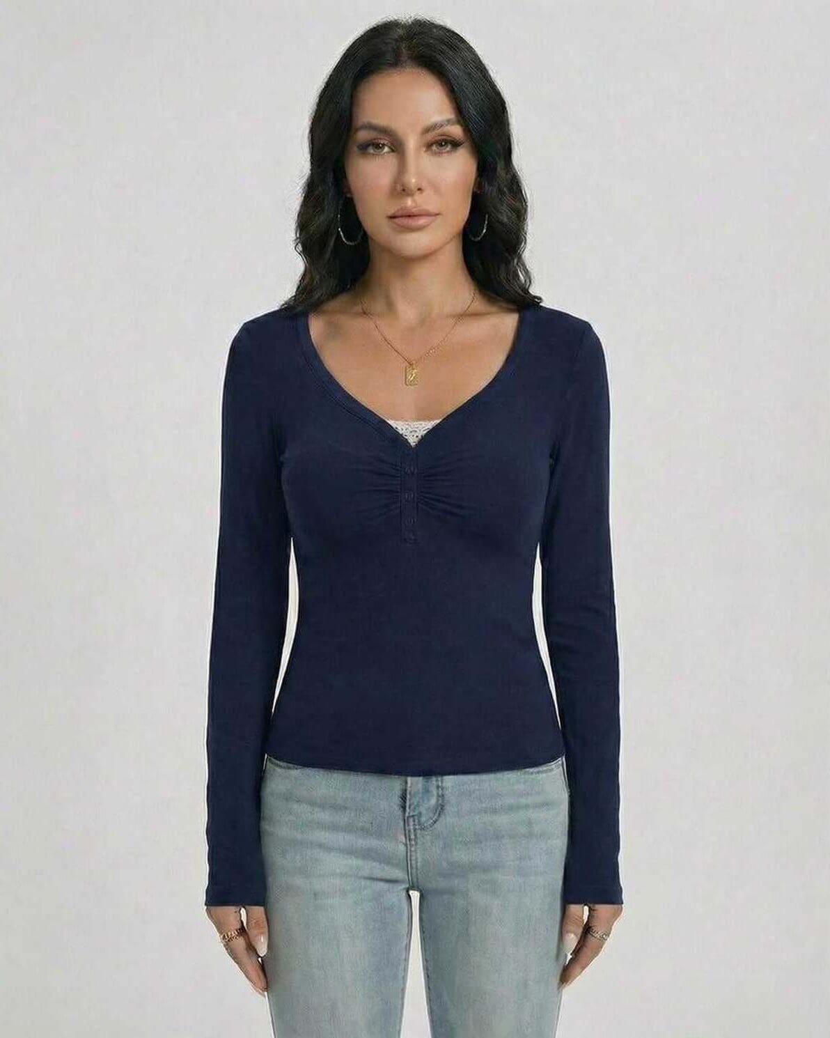 Monaco Pullover by Lauven - Women’s Slim Fit V-Neck Long Sleeve Pullover with Button Detail in Navy.