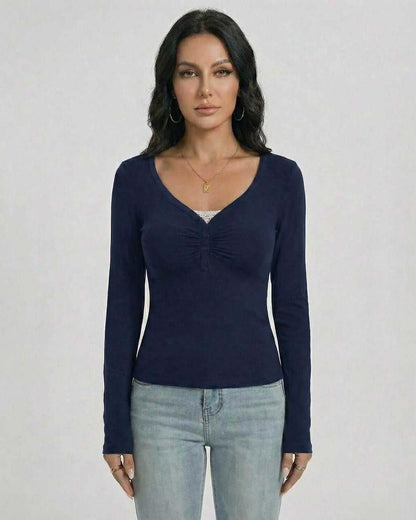 Monaco Pullover by Lauven - Women’s Slim Fit V-Neck Long Sleeve Pullover with Button Detail in Navy.