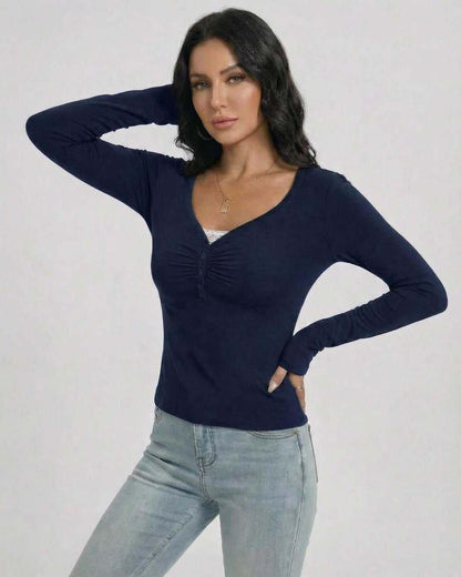 Monaco Pullover by Lauven – Women's Slim Fit V-Neck Long Sleeve Pullover with button detail in navy.