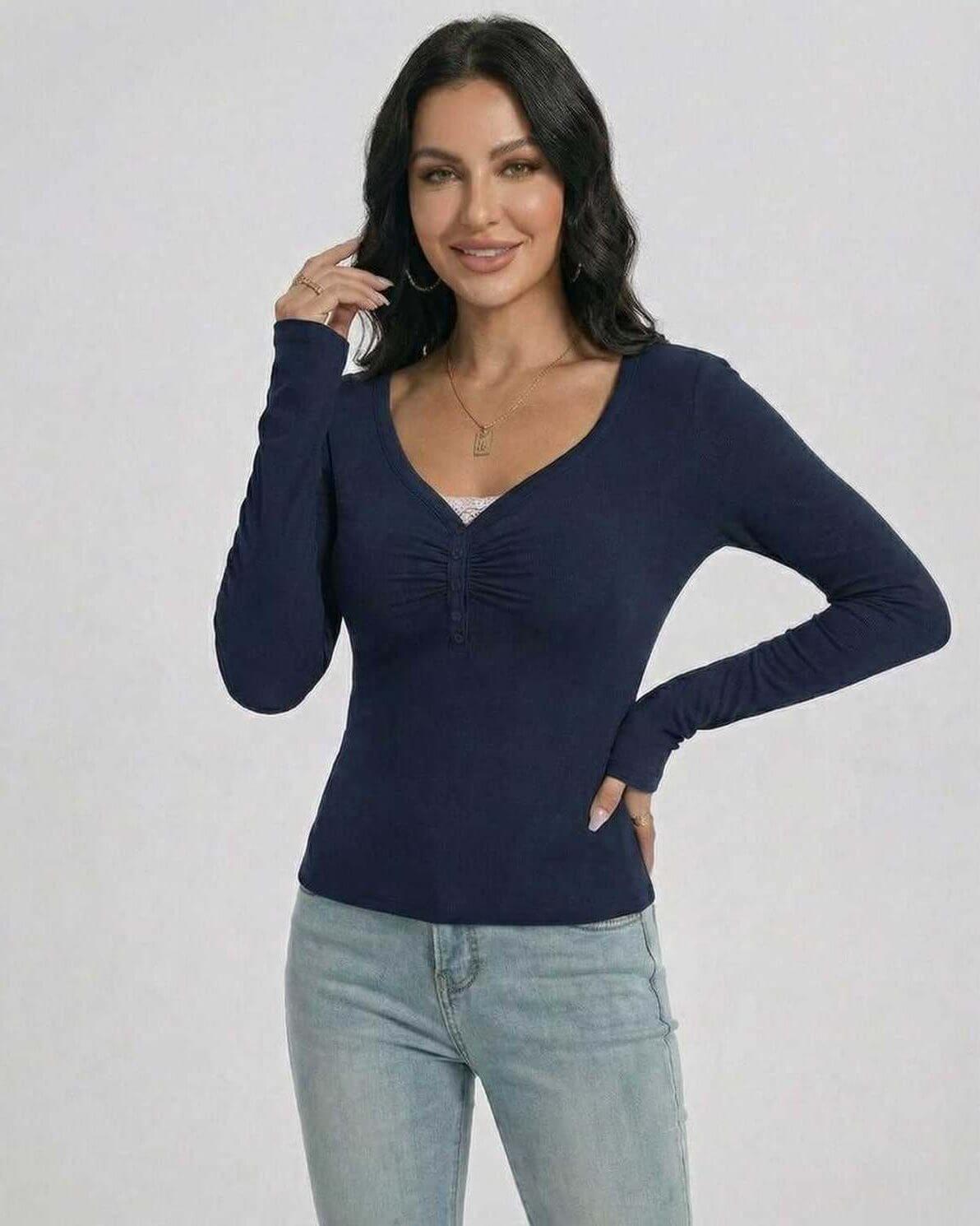 Monaco Pullover by Lauven – Slim fit women's V-neck long sleeve pullover with ruching and button detail.