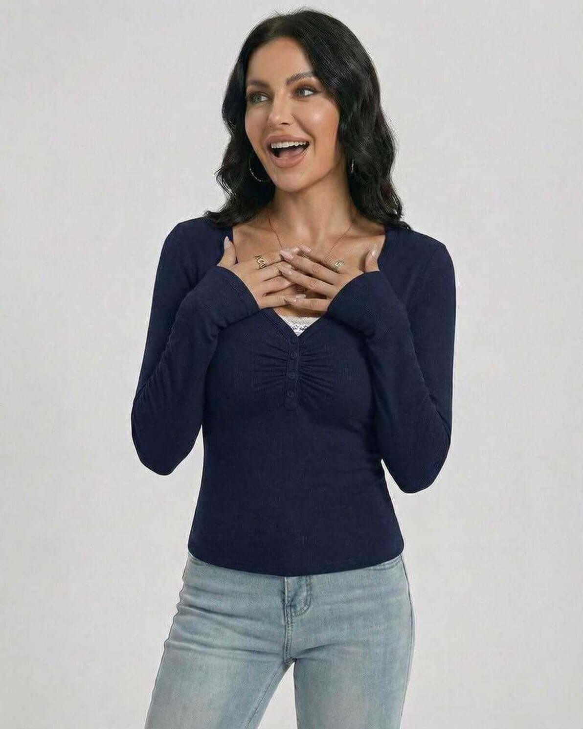 Monaco Pullover by Lauven - Women’s V-Neck Long Sleeve Pullover with Button Detail in navy color, perfect for everyday styling.