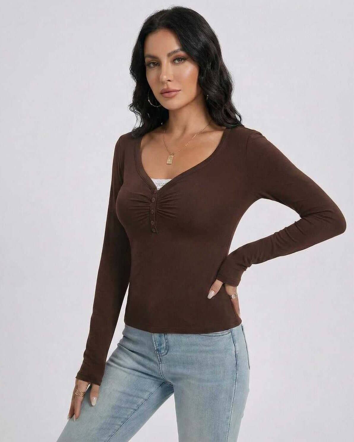 Mocha Pullover by Lauven featuring long sleeves and button detail, perfect for a polished casual look.