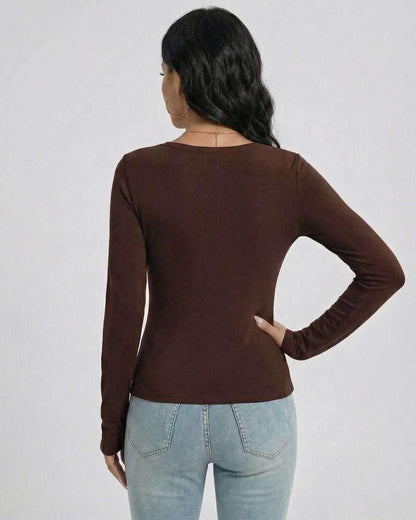 Mocha Pullover by Lauven - Women's slim fit V-neck back view showcasing soft brown fabric.