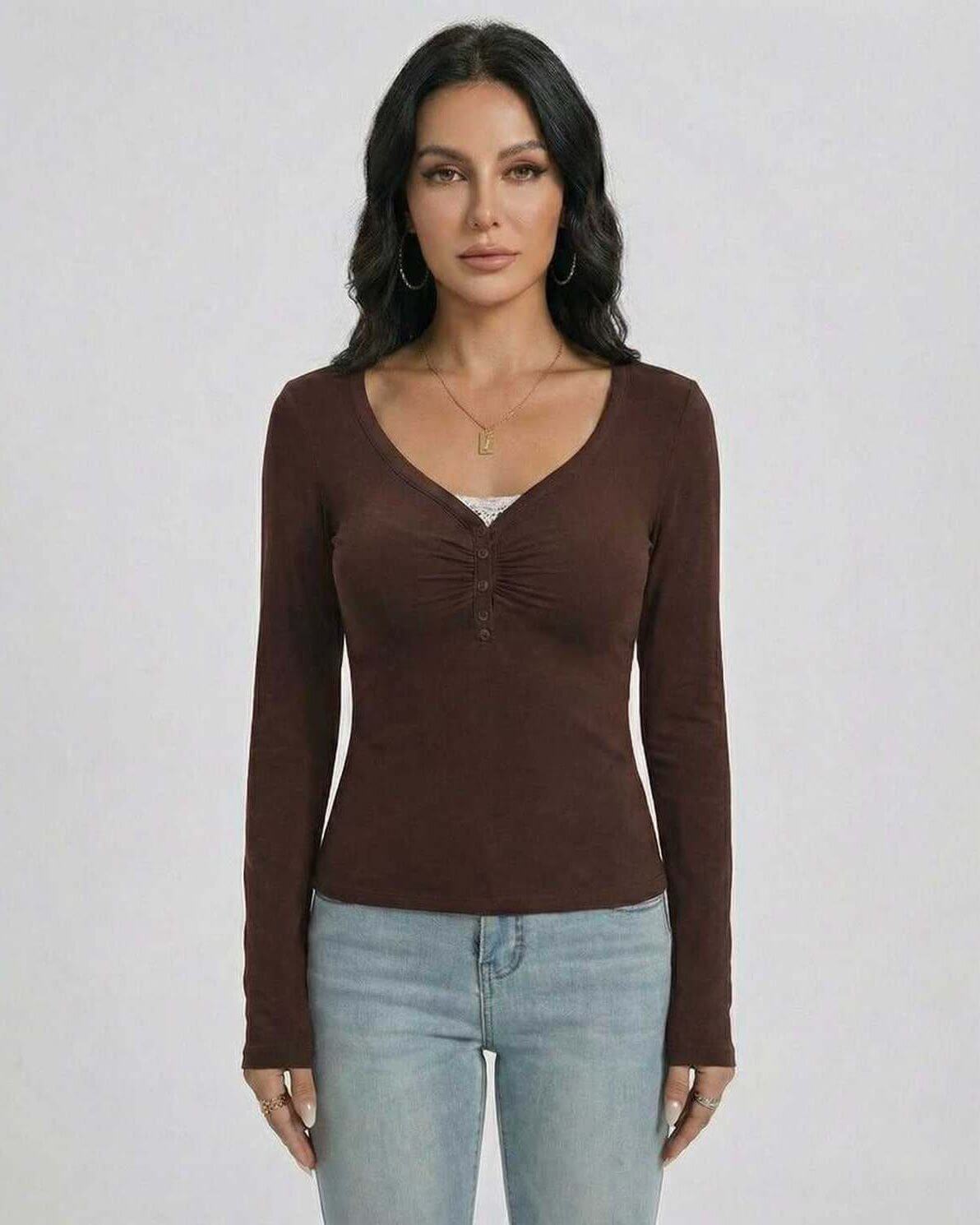 Mocha Pullover by Lauven – Women’s Slim Fit V-Neck Long Sleeve Pullover with Button Detail