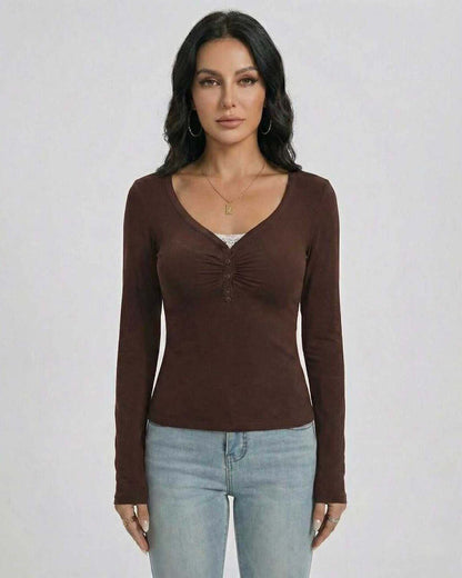 Mocha Pullover by Lauven – Women’s Slim Fit V-Neck Long Sleeve Pullover with Button Detail