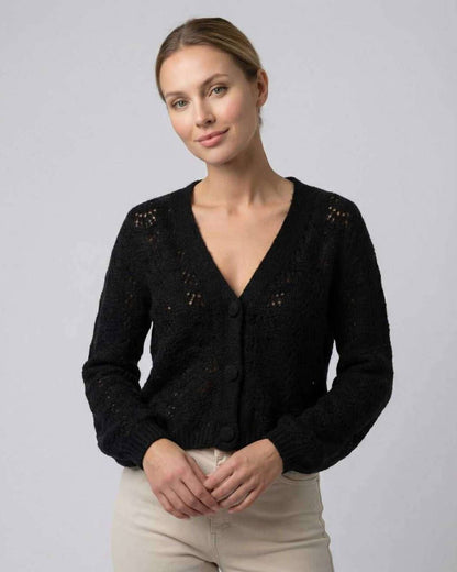 Monaco Cardigan by Lauven – Women’s black cardigan sweater with V-neck and hollow out knit, perfect for modern layering.
