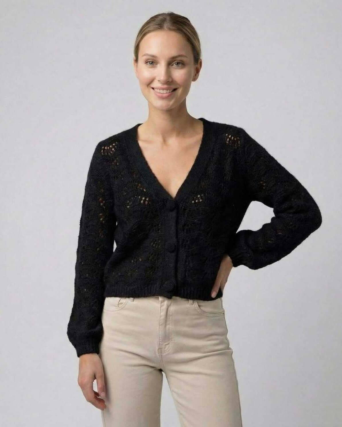 Monaco Cardigan by Lauven - Women’s Black Cardigan Sweater with V-Neck & Hollow Out Knit, stylish layering option.