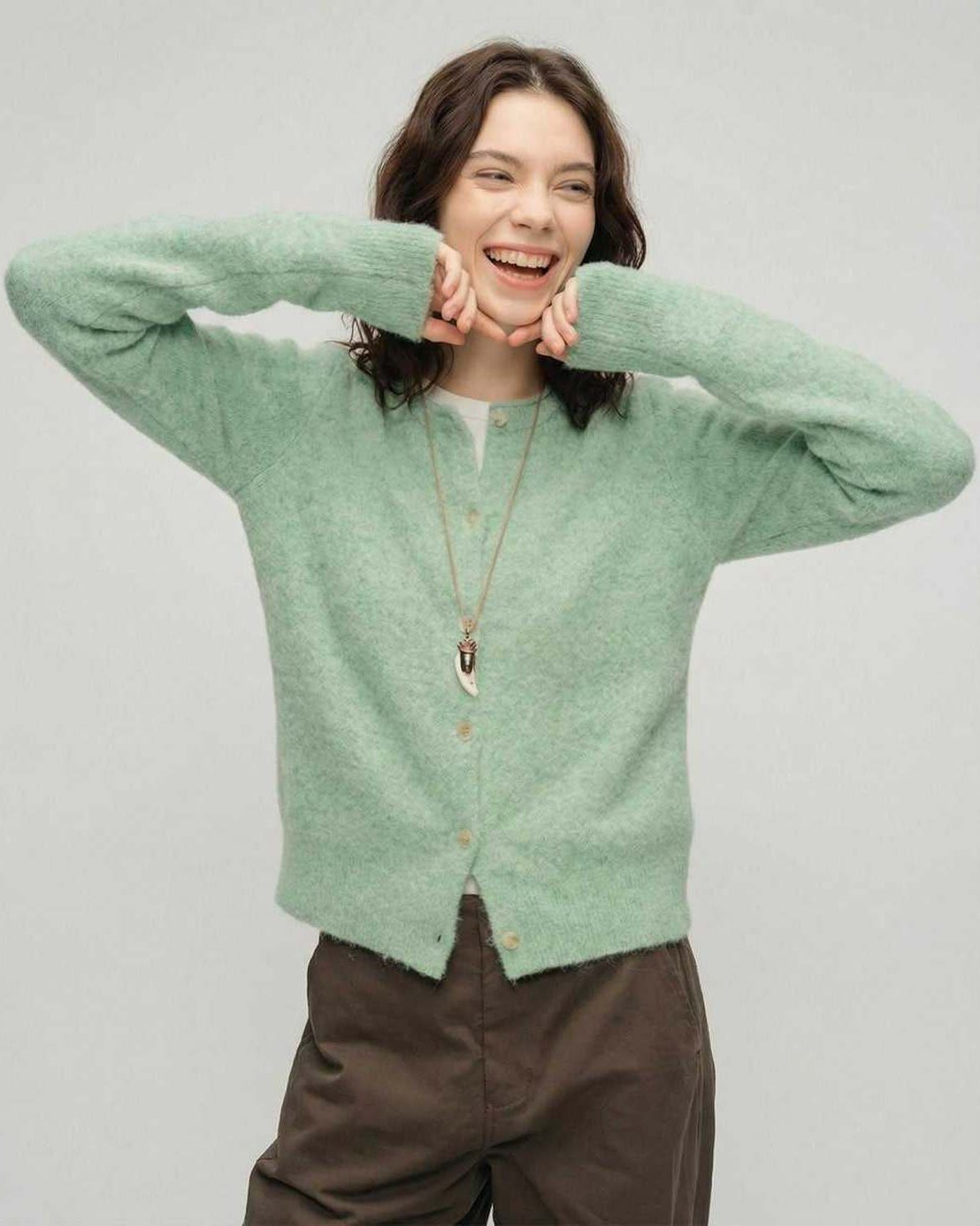 Sage Cardigan by Lauven - Women's green cardigan sweater with round neck and button front, ideal for layering.