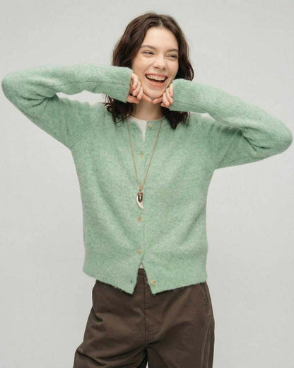Sage Cardigan by Lauven - Women's green cardigan sweater with round neck and button front, ideal for layering.