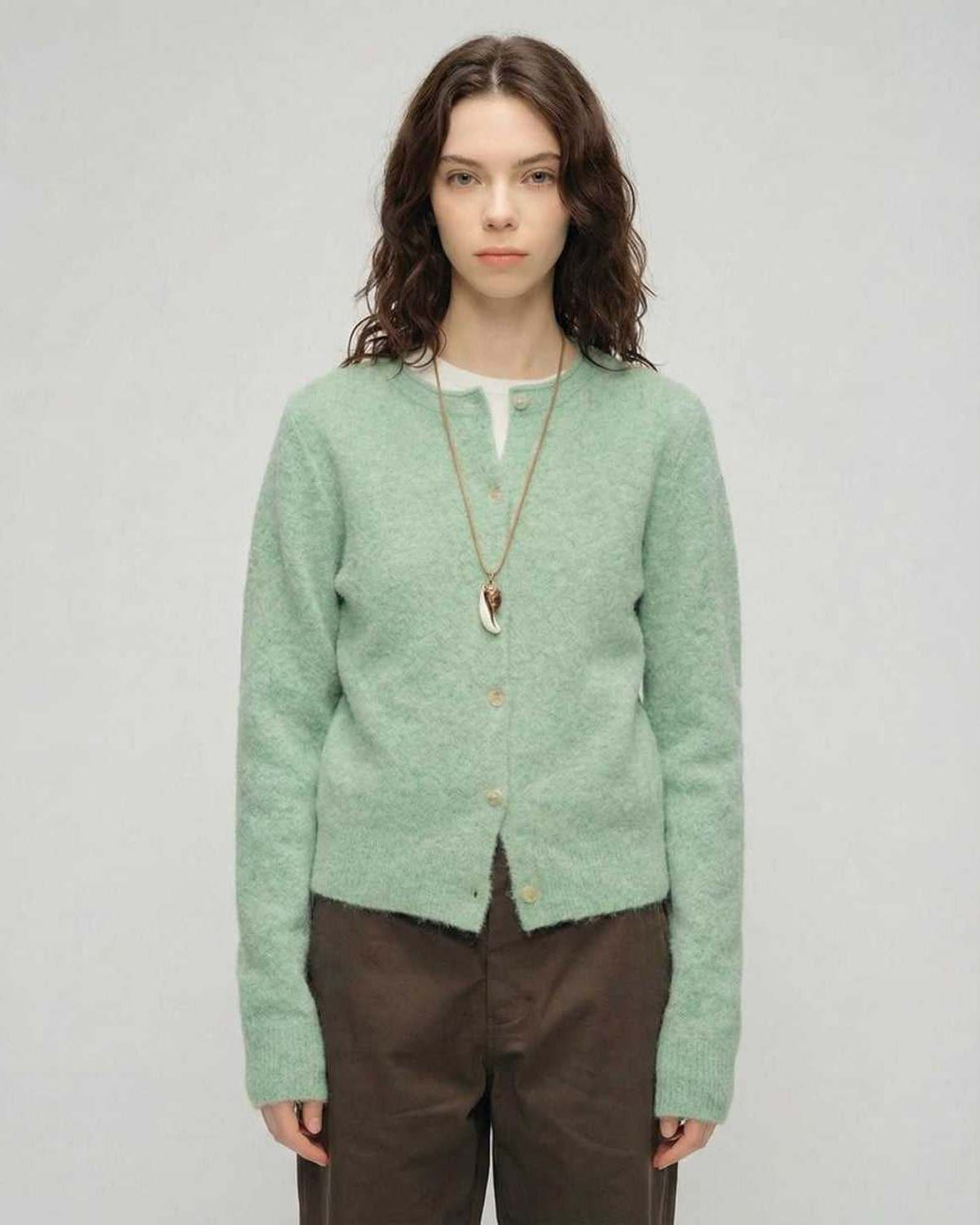 Sage Cardigan by Lauven – Women's green cardigan sweater with round neck and button front.