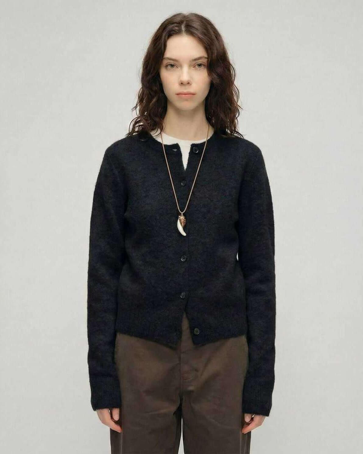 Noir Cardigan by Lauven, women's black cardigan sweater with round neck and button front, perfect for everyday wear.
