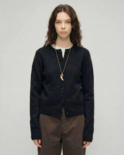 Noir Cardigan by Lauven, women's black cardigan sweater with round neck and button front, perfect for everyday wear.