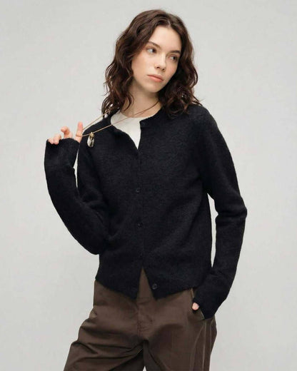 Noir Cardigan by Lauven – Women’s black cardigan sweater with round neck and button front.