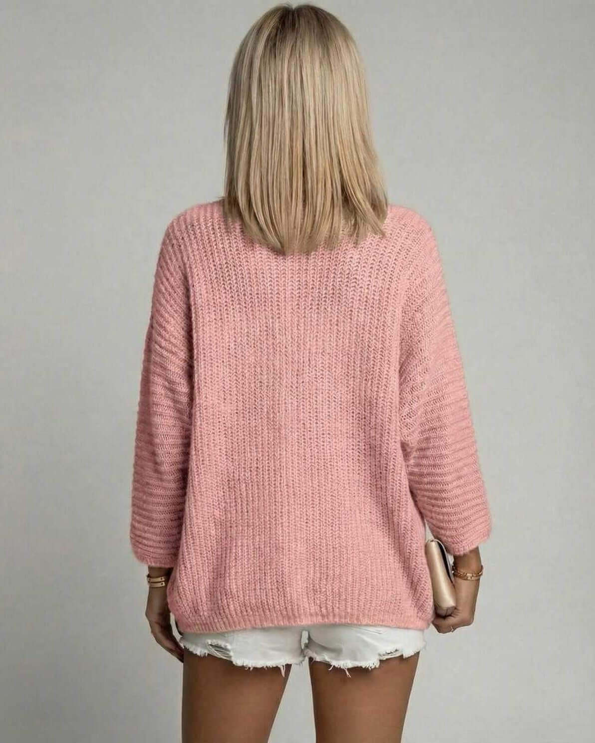 Blush Breeze Cardigan back view, pink open front cardigan sweater by Lauven for women.