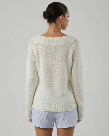 Back view of the Sienna Sweater by Lauven featuring a soft knit texture and boat neck design.