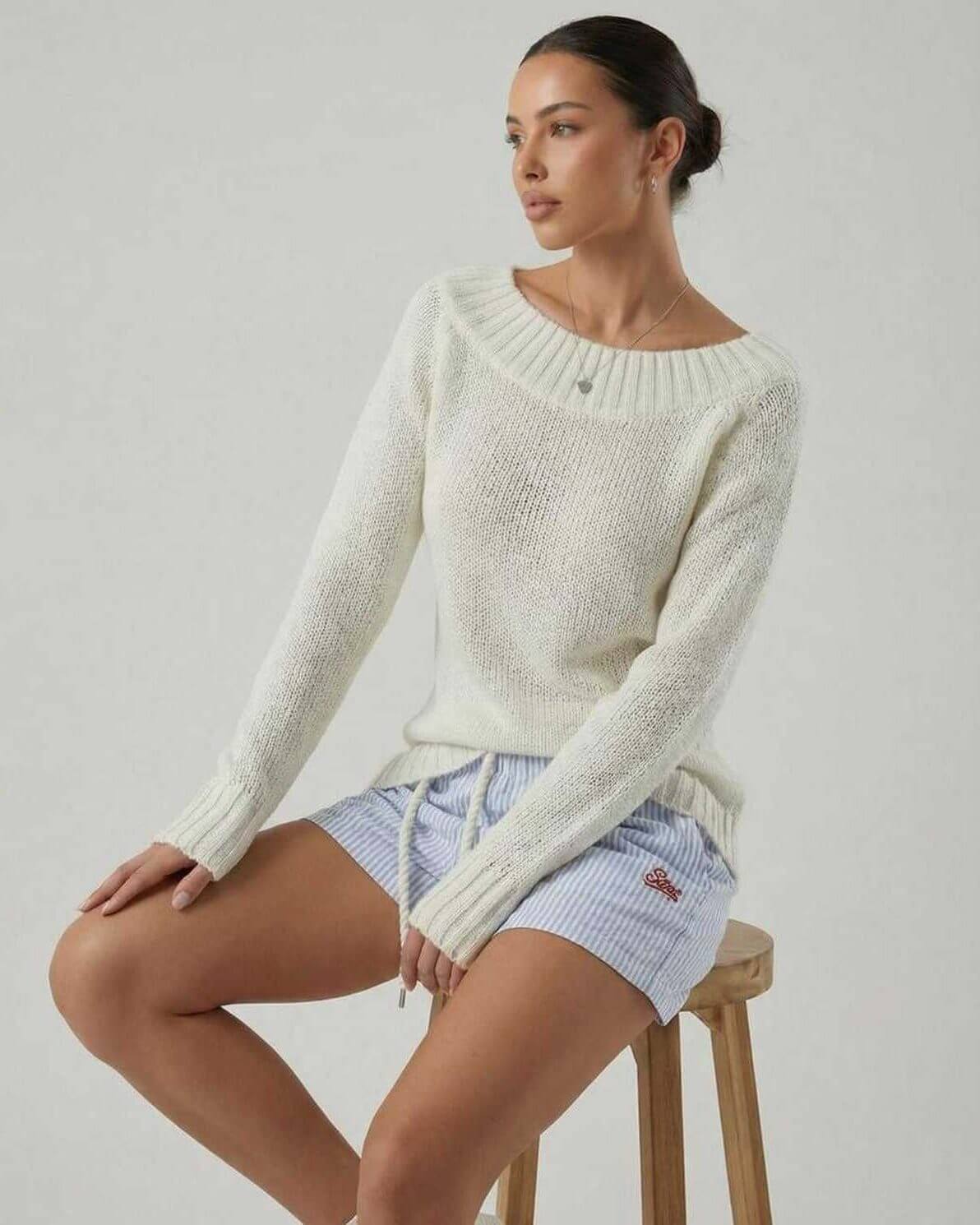 Sienna Sweater by Lauven, women's boat neck sweater with rib knit detail, featuring a relaxed fit and soft knit texture.