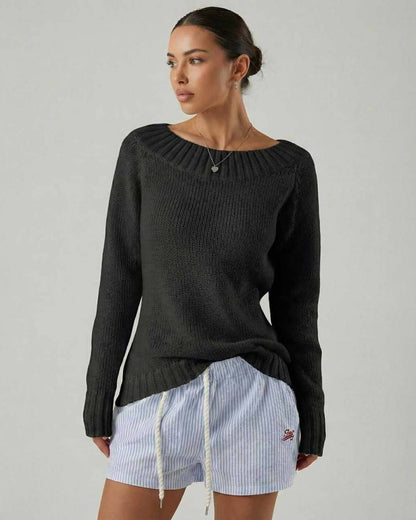 Monaco Sweater by Lauven – Women’s black boat neck sweater with rib knit detail, showcasing a polished silhouette.