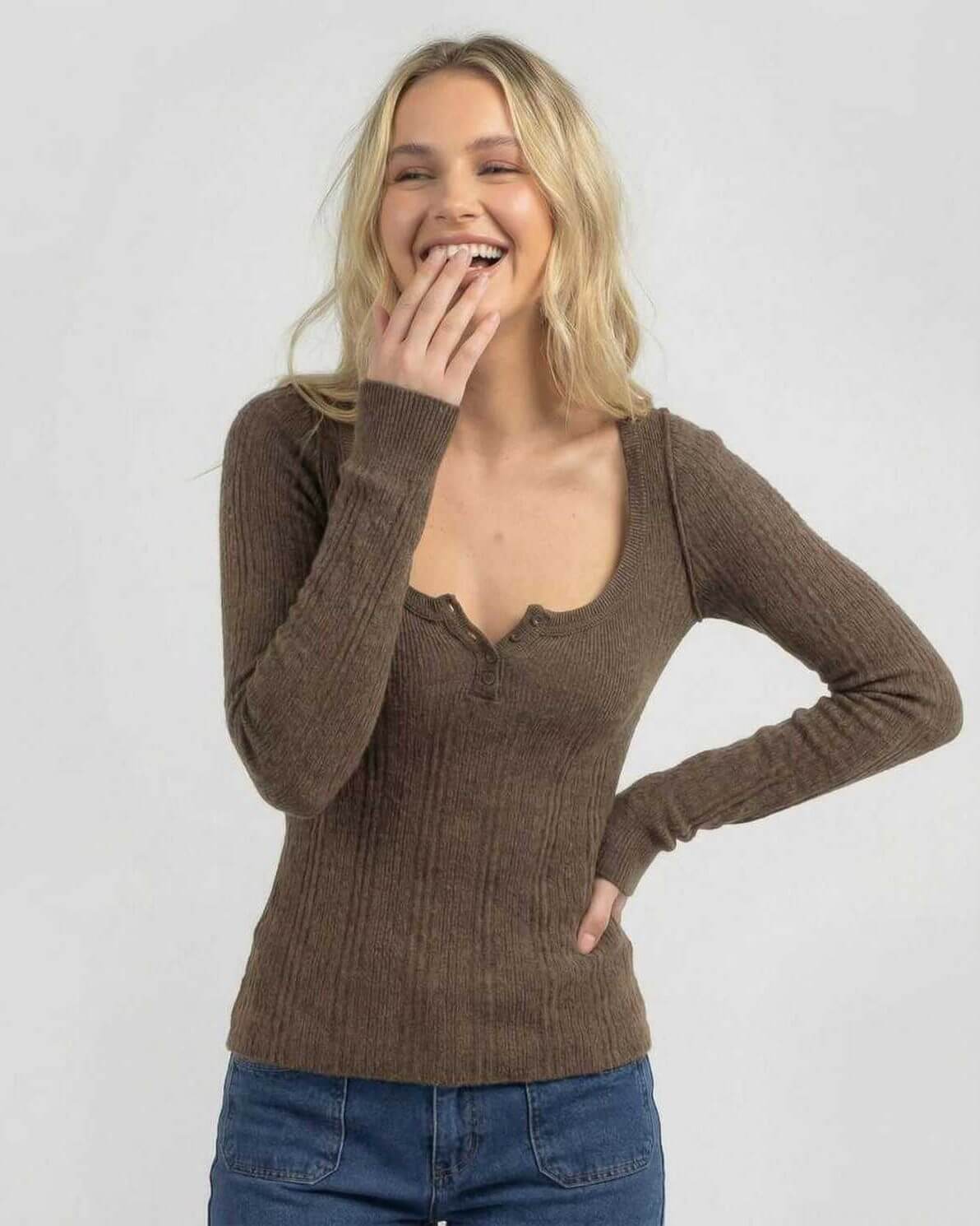 Monaco Long Sleeve by Lauven – Women's brown ribbed knit long sleeve shirt with a sleek slim fit.