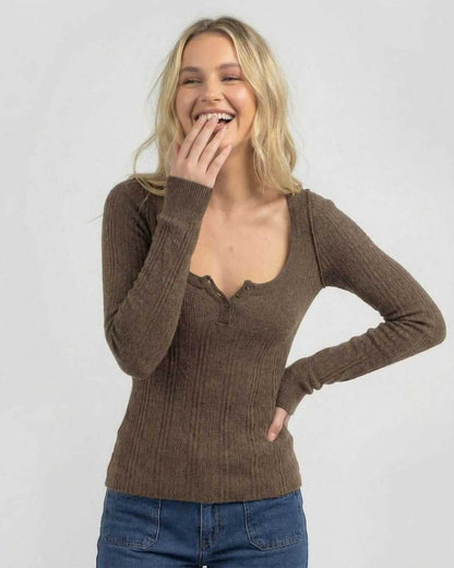 Monaco Long Sleeve by Lauven – Women's brown ribbed knit long sleeve shirt with a sleek slim fit.