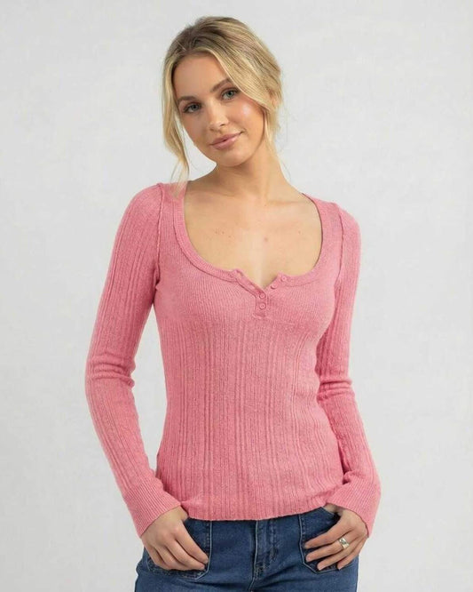 Sorrento Long Sleeve - Women’s pink ribbed knit long sleeve shirt from Lauven, featuring a sleek slim fit.
