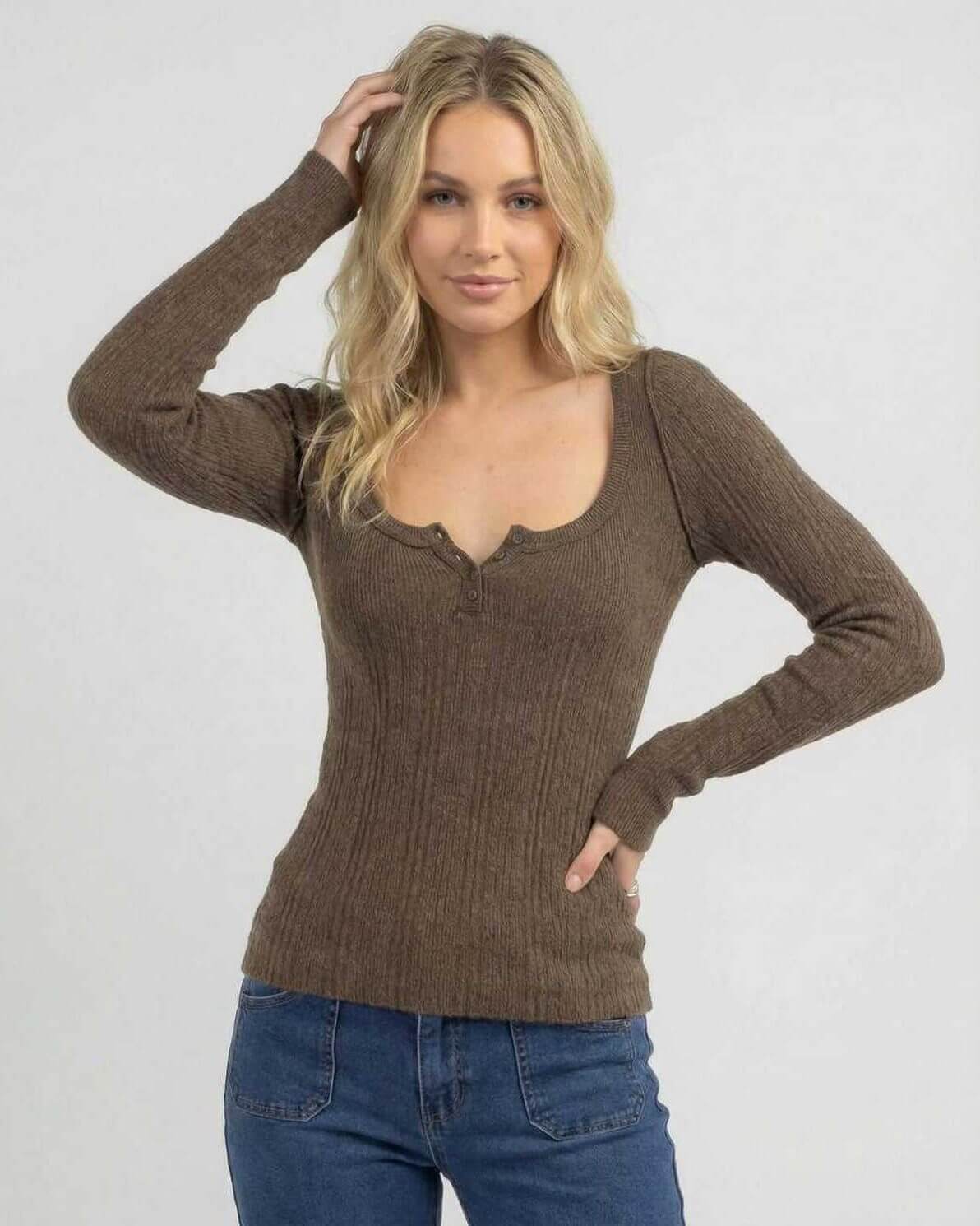 Monaco Long Sleeve – Women’s brown ribbed knit long sleeve shirt by Lauven, featuring a sleek slim fit and stylish design.