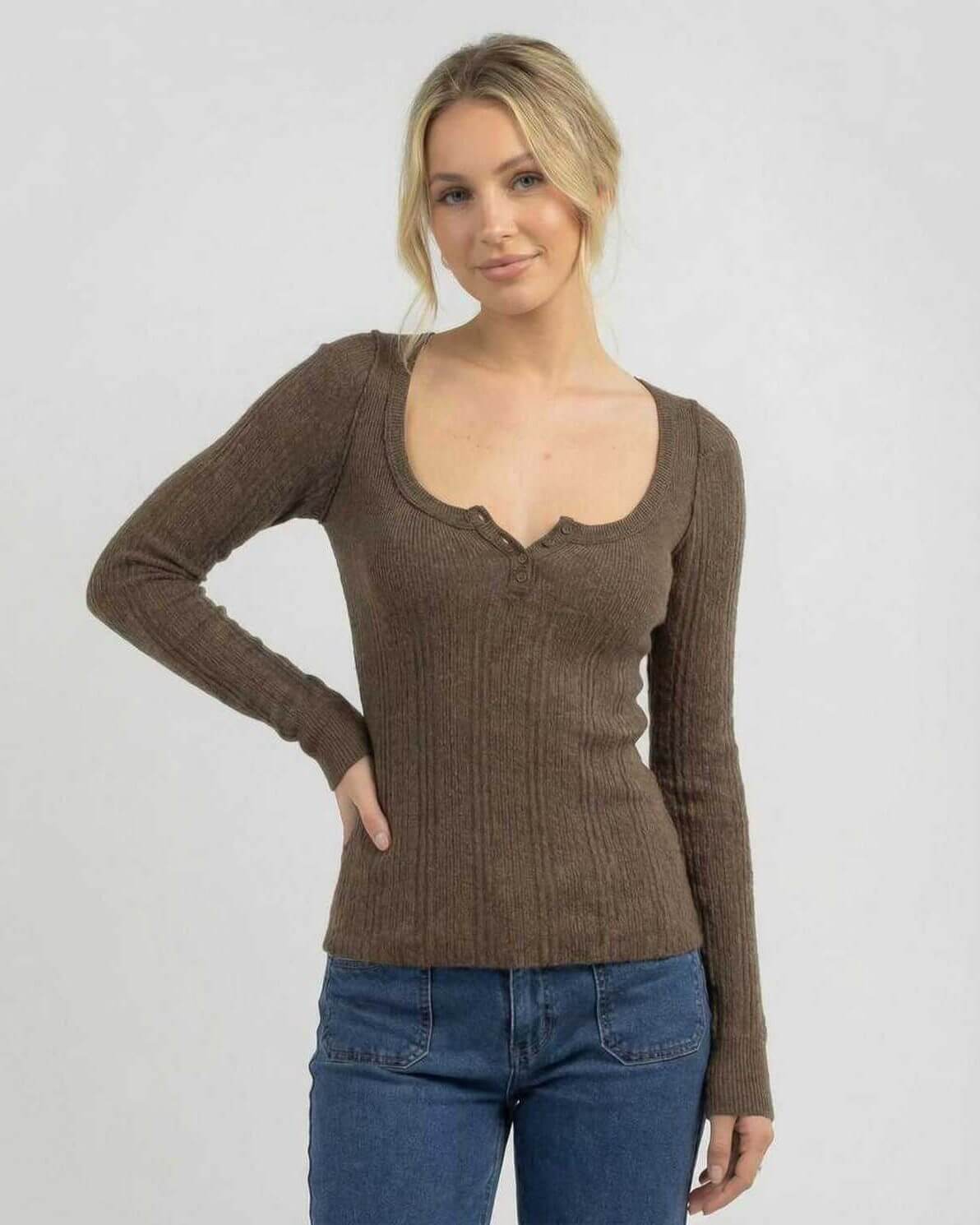 Monaco Long Sleeve - Lauven women's brown ribbed knit long sleeve shirt in a slim fit, perfect for casual or tailored looks.