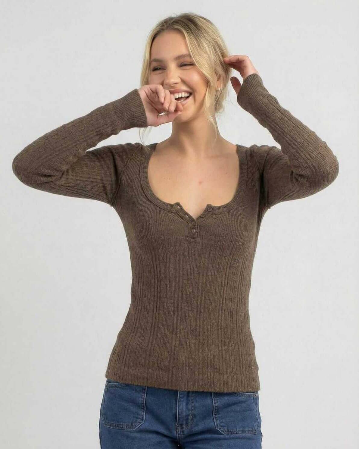 Monaco Long Sleeve by Lauven – Women's brown ribbed knit long sleeve shirt featuring a slim fit and scoop neckline.
