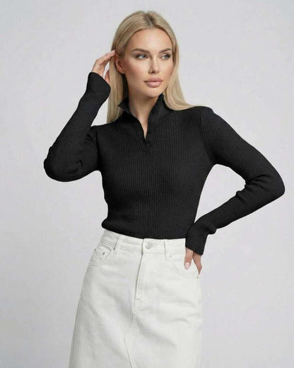 Noiré Long Sleeve by Lauven – Women’s black ribbed knit long sleeve shirt with button collar.