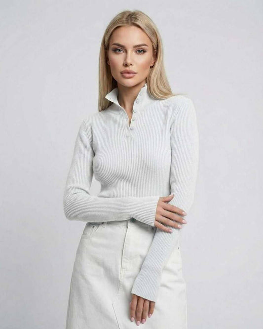Ivorya Long Sleeve - Women’s white ribbed knit long sleeve shirt by Lauven with button collar.