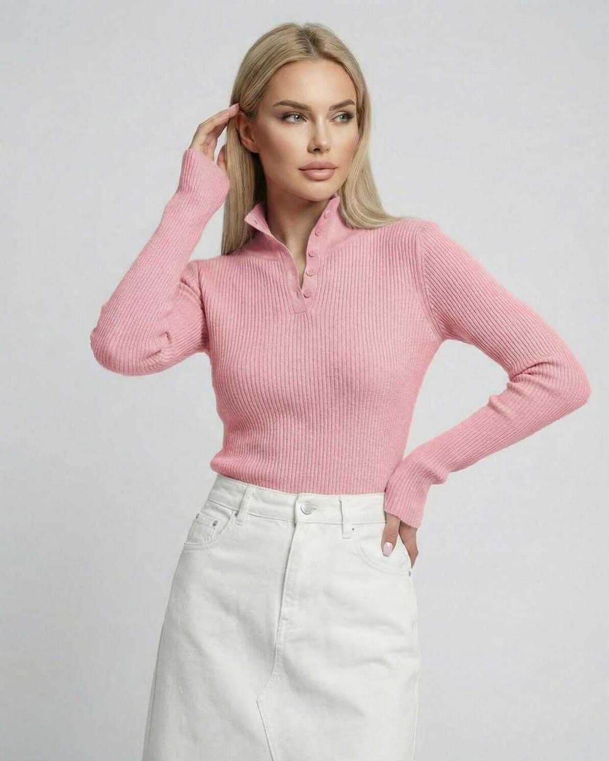 Rosalie Long Sleeve by Lauven - Women's pink ribbed knit long sleeve shirt with button collar.