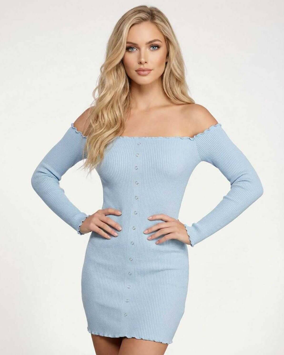 Monaco Mini Dress by Lauven, off the shoulder ribbed knit bodycon in light blue with a lettuce-edge neckline.