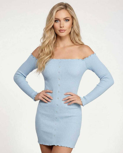 Monaco Mini Dress by Lauven, off the shoulder ribbed knit bodycon in light blue with a lettuce-edge neckline.