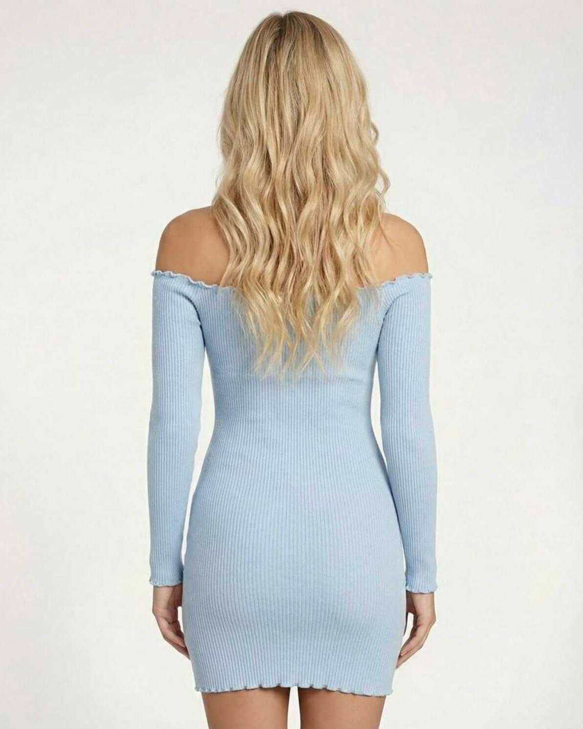 Back view of the Lauven Monaco Mini Dress in light blue, featuring off the shoulder design and ribbed knit bodycon silhouette.