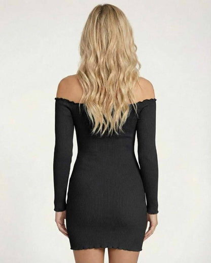 Valencia Mini Dress by Lauven, black bodycon mini dress with off the shoulder design and ribbed knit fabric.