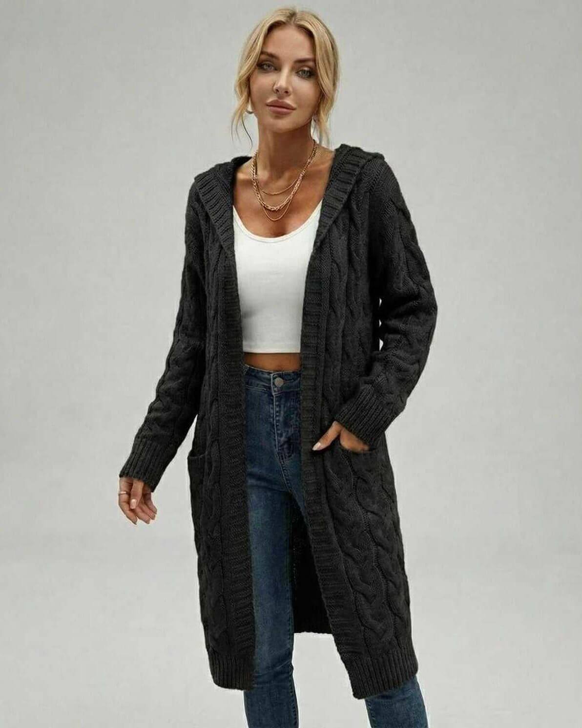 Monaco Cardigan by Lauven - Women’s black cable knit cardigan sweater for fall & winter styling.