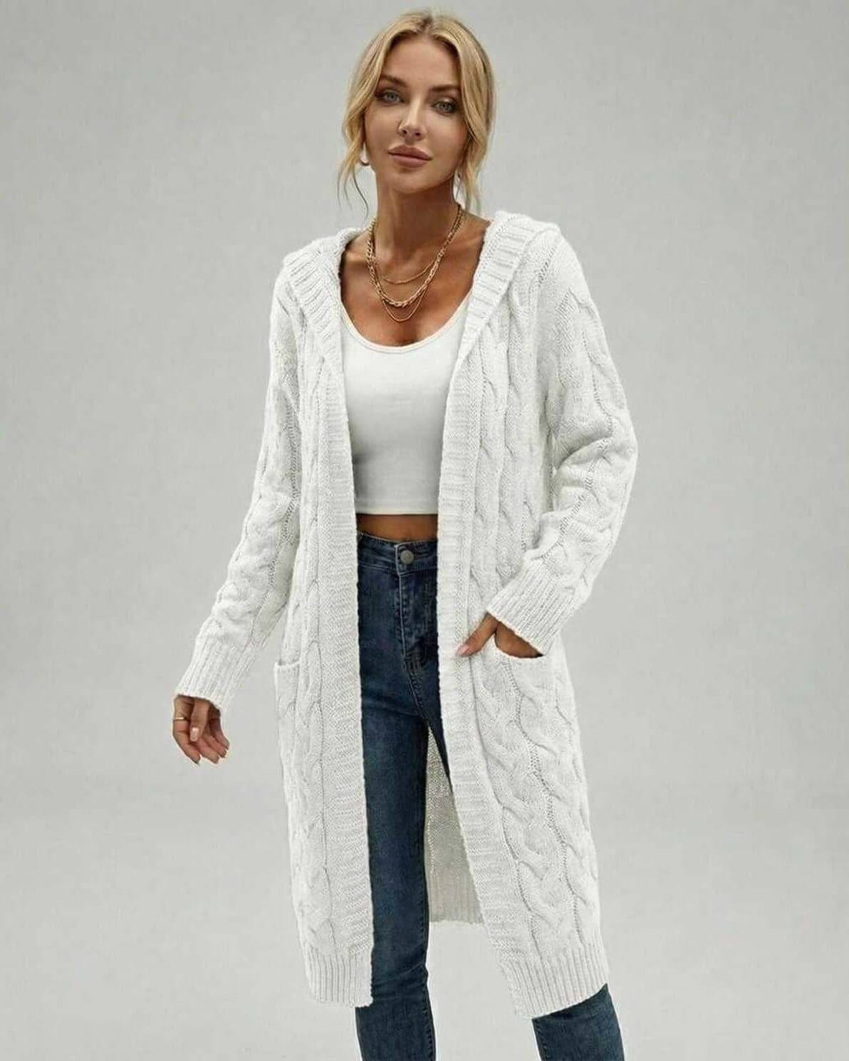 Sienna Cardigan by Lauven – Women’s white cable knit cardigan sweater perfect for fall and winter layering.