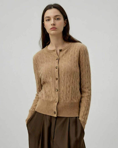 Sienna Cardigan by Lauven – Women’s brown cable knit cardigan sweater, perfect for effortless elegance.