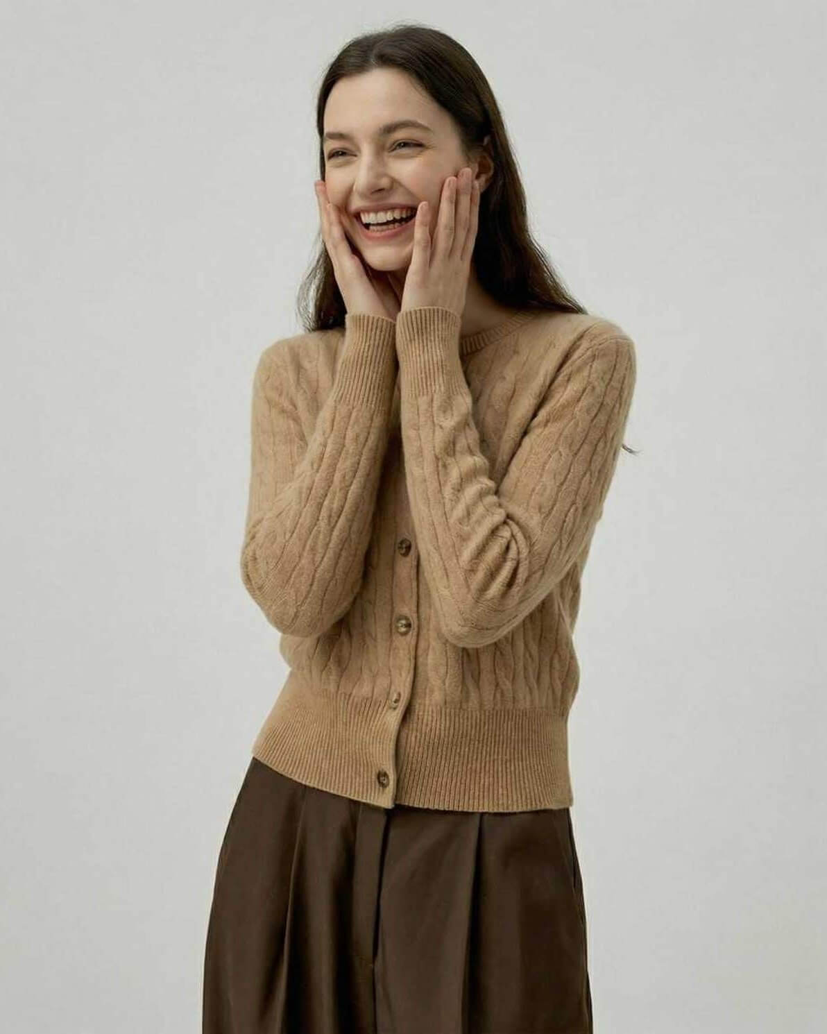 Sienna Cardigan by Lauven – Women’s brown cardigan sweater in classic cable knit design, perfect for everyday elegance.