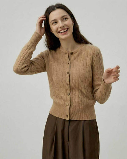 Sienna Cardigan by Lauven – Women's brown cable knit cardigan sweater with a polished silhouette.