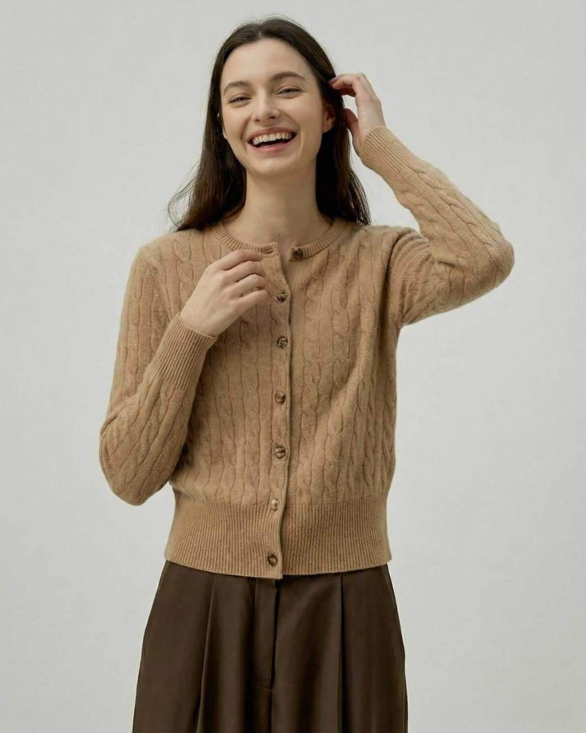 Sienna Cardigan by Lauven, brown cable knit women's cardigan sweater with buttons and a polished silhouette.