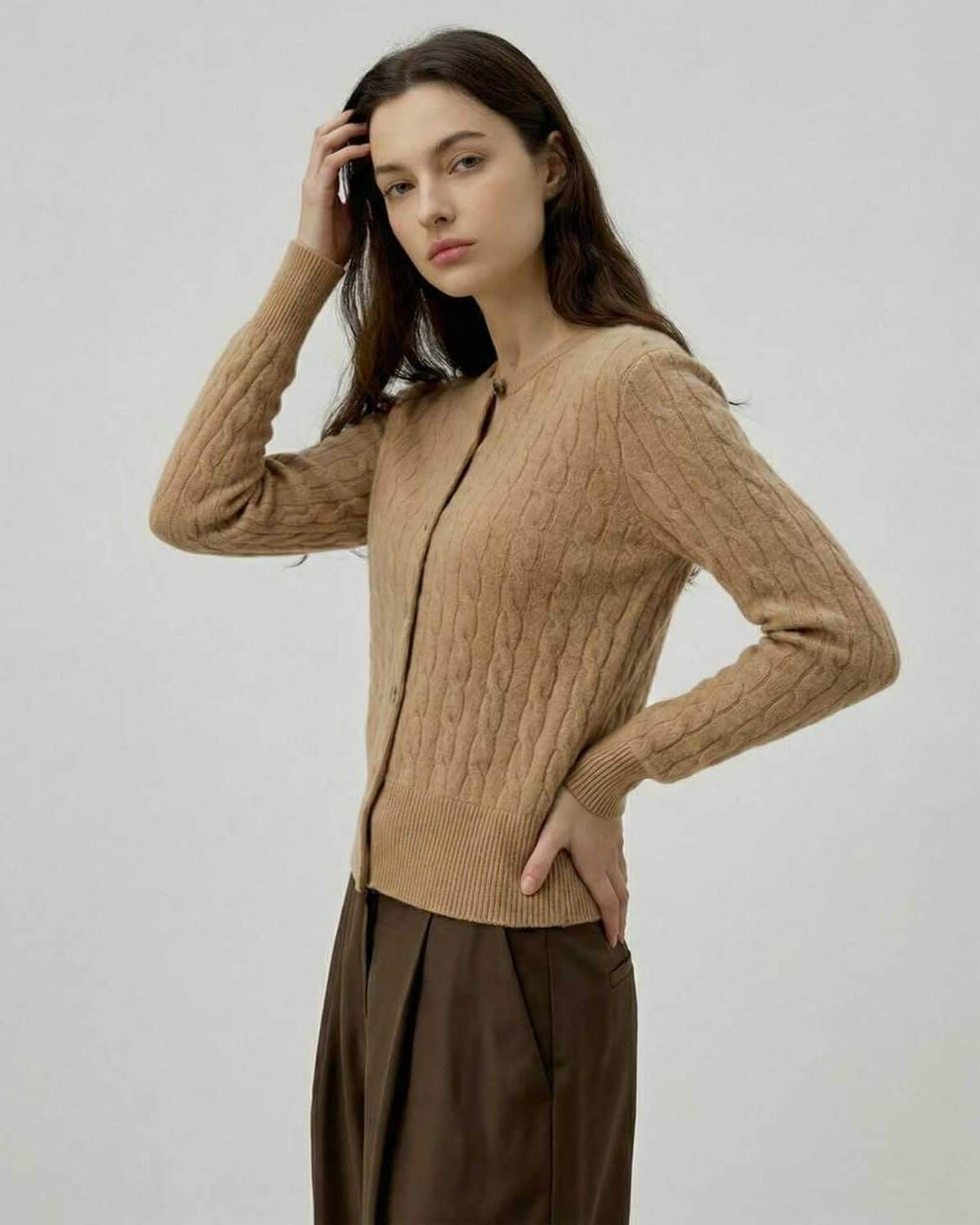 Sienna Cardigan - Lauven women's brown classic cable knit cardigan sweater, showcasing elegance and versatile styling.