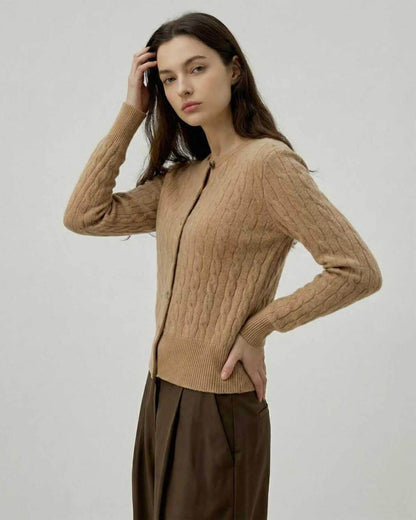 Sienna Cardigan - Lauven women's brown classic cable knit cardigan sweater, showcasing elegance and versatile styling.