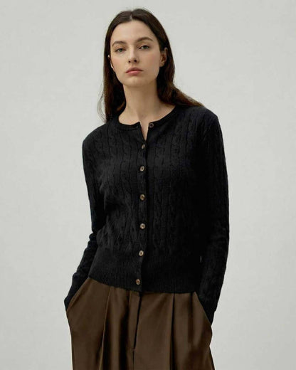 Monaco Cardigan by Lauven - Women’s black cable knit cardigan sweater for sophisticated daily wear.